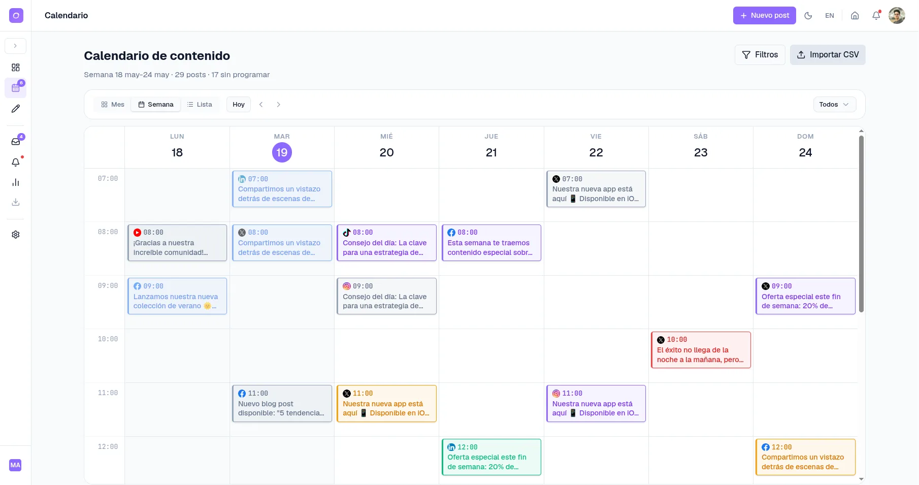 Vista previa del calendario de publicaciones de SocialQuant